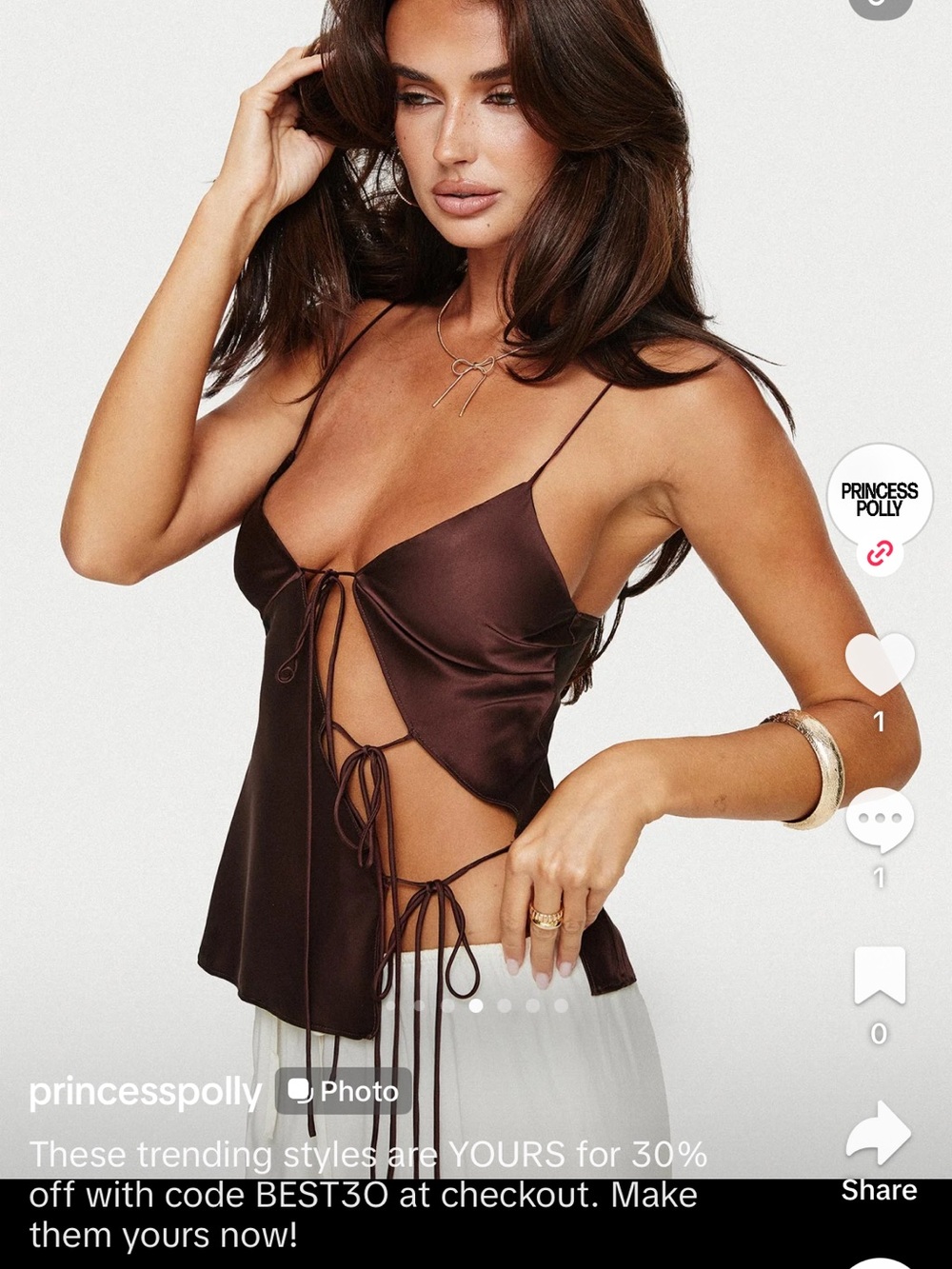 Princess Polly Chocolate Brown Satin Tie-Front Slip Top